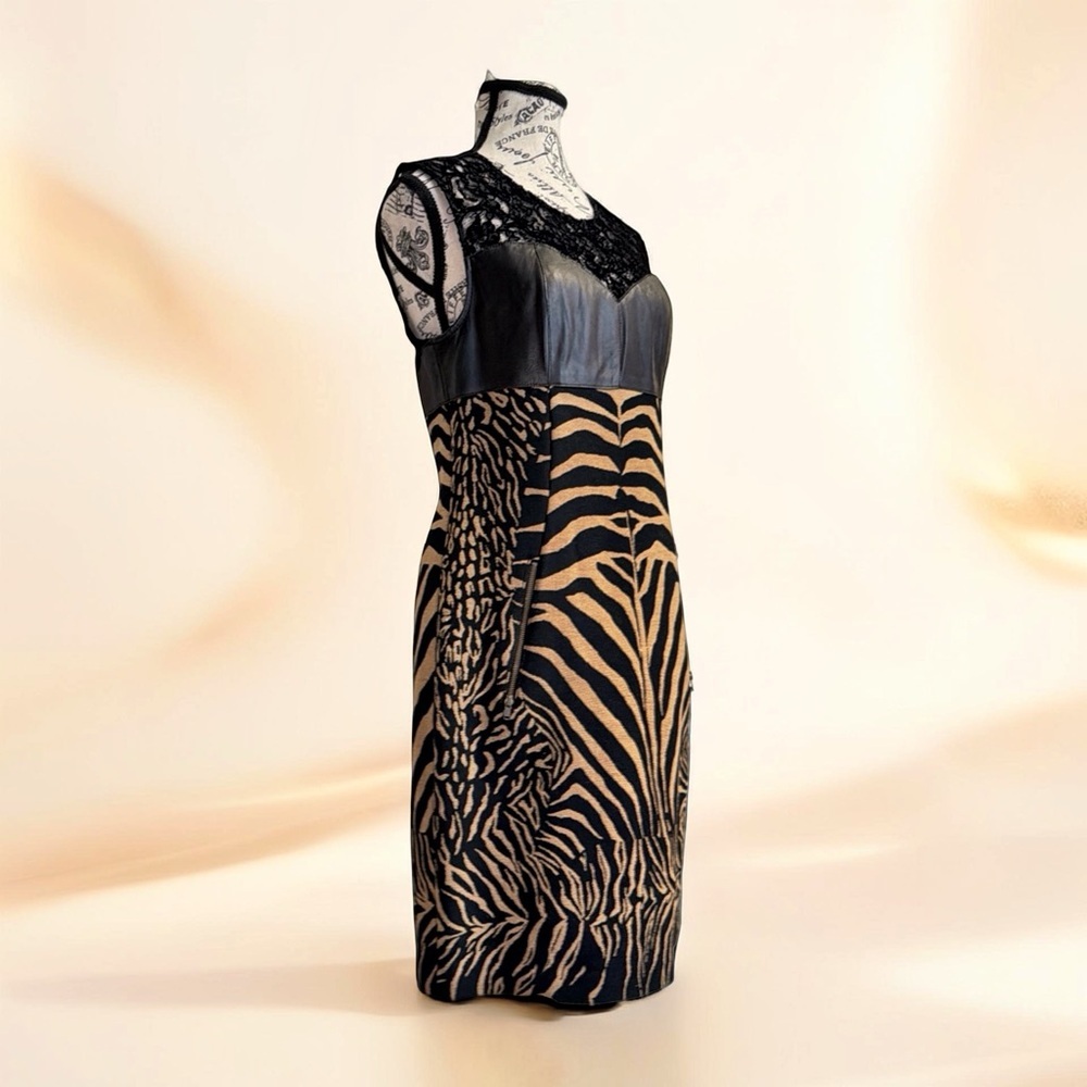 Tracy Reese Zebra Print Dress | Leather Lace Mixed Media | Statement Piece | 8 - Picture 2 of 16
